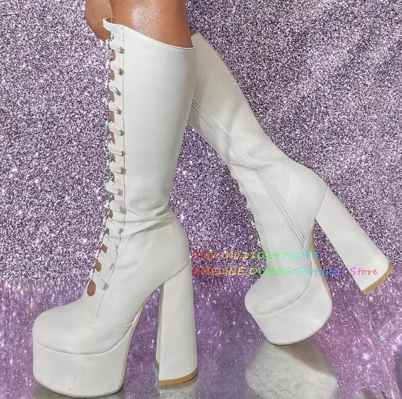 Black Platform Thick Heel knee High Boots Women Round Toe Chunky Heel Hollow Buckle Strap Summer New Punk Style Cool Boots