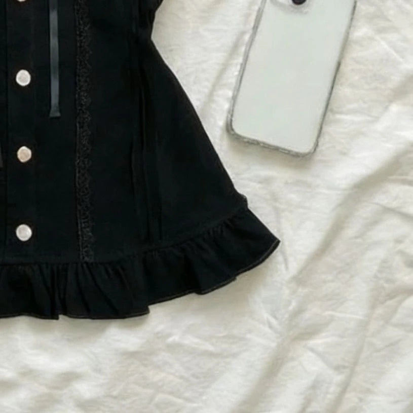 Gothic Off Shoulder T-Shirts Women Lace Trim Puff Sleeve Tees Bow Front Button Up Slim Fit Tops Fashion Punk Party Streetwear