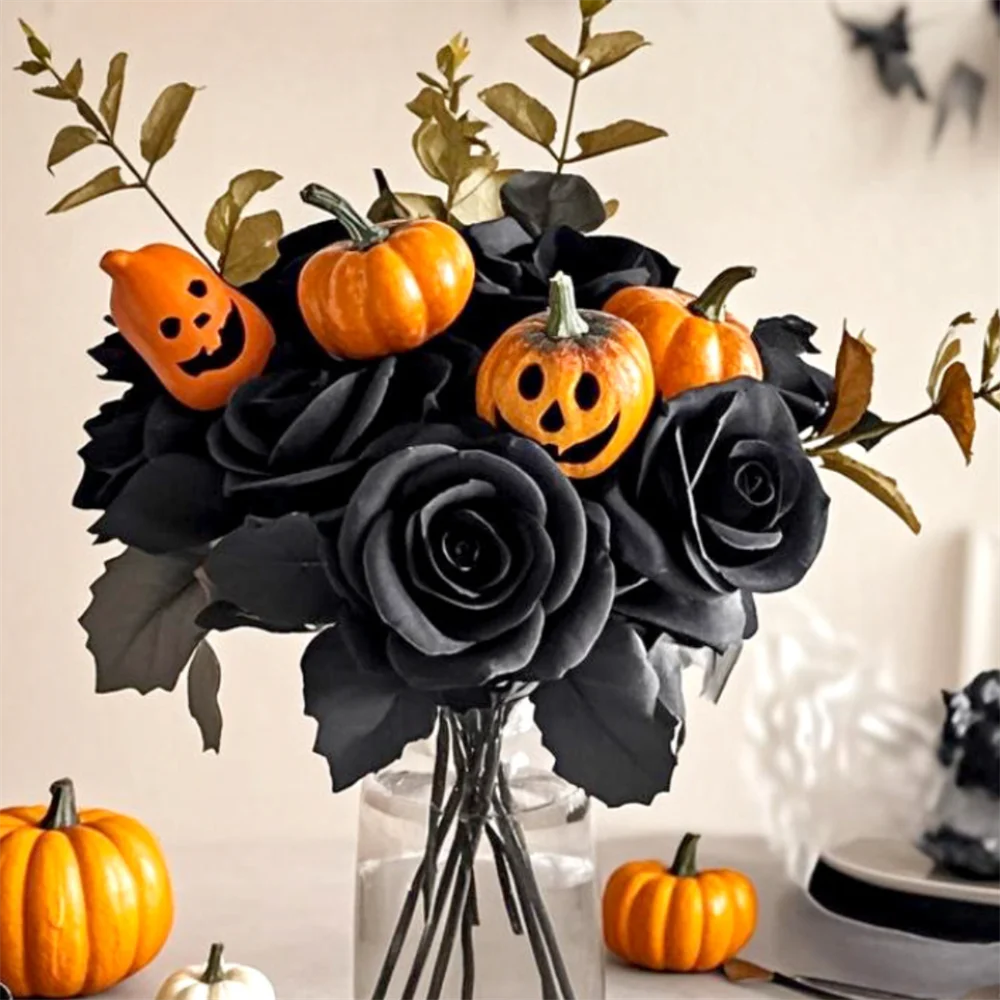 Halloween Black Artificial Rose Flowers Dark Horror Gothic Black Simulated Flower Bouquet for Home Wedding Party Halloween Decor