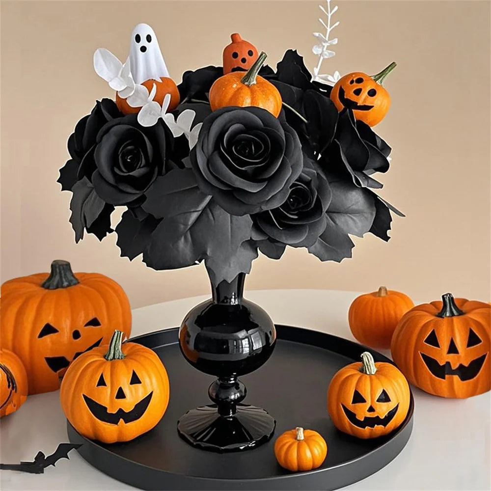 Halloween Black Artificial Rose Flowers Dark Horror Gothic Black Simulated Flower Bouquet for Home Wedding Party Halloween Decor