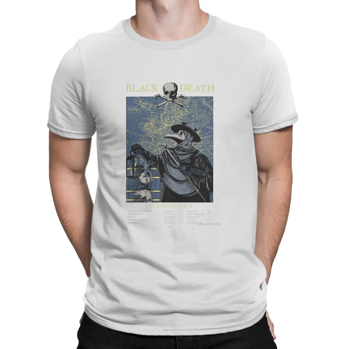 Funny Black Death European Tour T-Shirt Men Round Neck Pure Cotton T Shirts SCP Plague Doctor Short Sleeve  Graphic Clothes