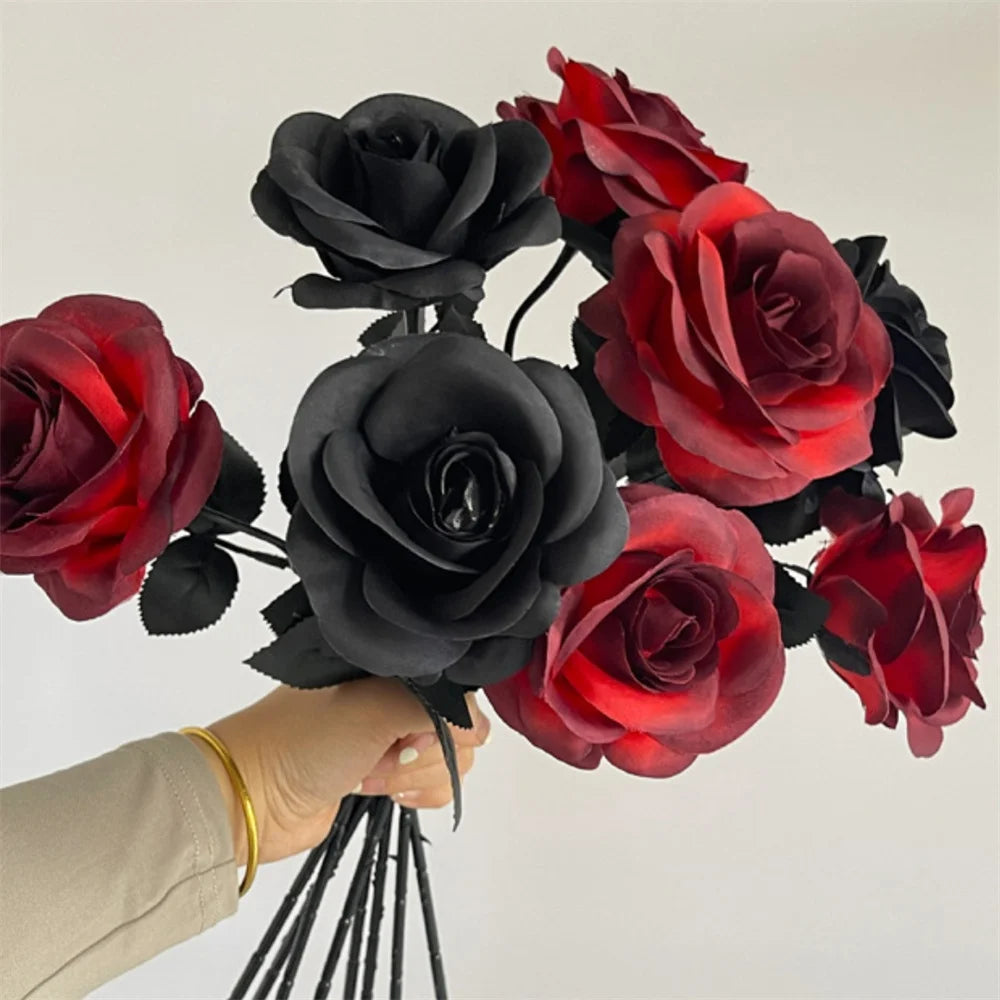 Halloween Black Artificial Rose Flowers Dark Horror Gothic Black Simulated Flower Bouquet for Home Wedding Party Halloween Decor