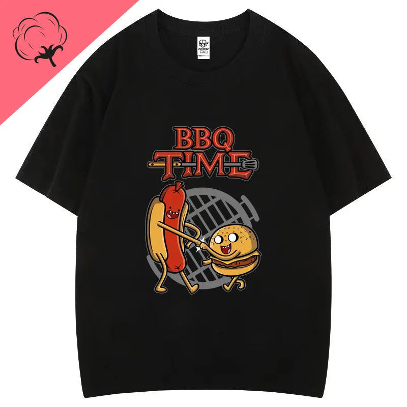 Cute BBQ Time Cartoon Graphic Tshirts Men Women Short Sleeve Casual Cotton Print Tee Humor Creative Street Fashion Hipster Tops