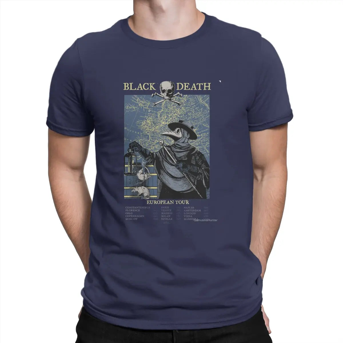 Funny Black Death European Tour T-Shirt Men Round Neck Pure Cotton T Shirts SCP Plague Doctor Short Sleeve  Graphic Clothes