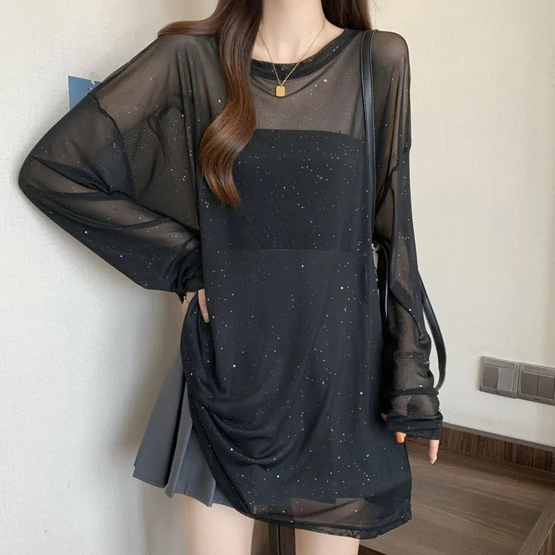 Black Sexy See Through Sheer T-shirts Women Luxury Sequin Thin Ice Silk Long Sleeve T Shirt Summer Breathable Sun-proof Tops