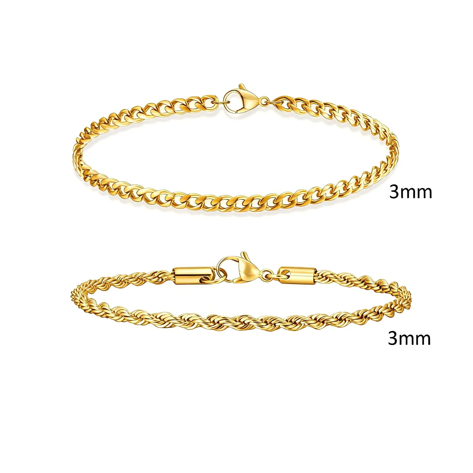 2pcs Men's Chain Bracelets,Stainless Steel Silver Gold Black Color Twist Rope Chain Wristband,Trendy Cuban Link Chains Gift