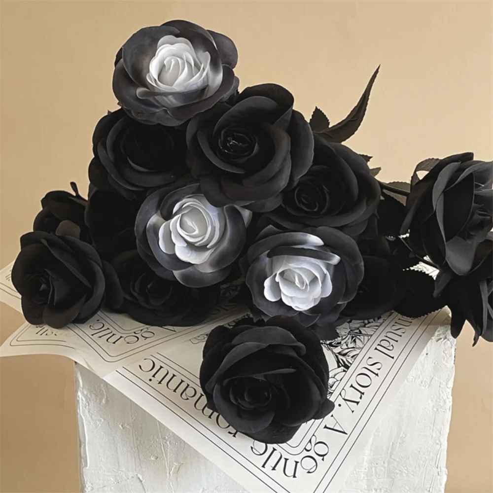 Halloween Black Artificial Rose Flowers Dark Horror Gothic Black Simulated Flower Bouquet for Home Wedding Party Halloween Decor
