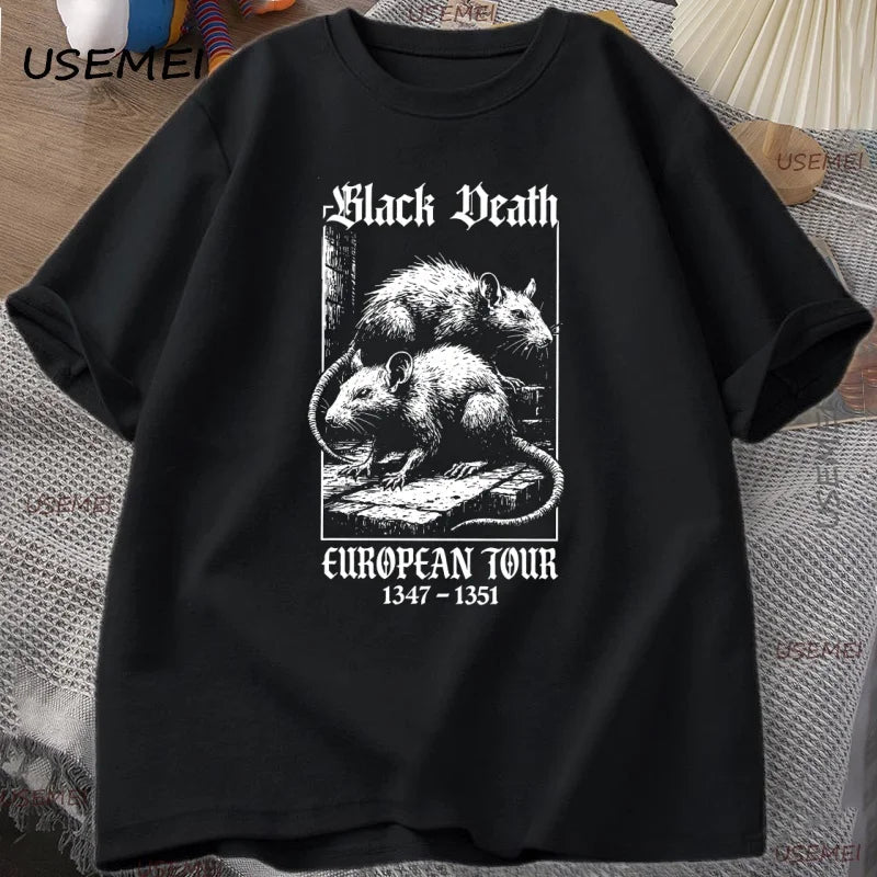 Black Death European Tour T-shirt Vintage Graphic T Shirts Gothic Rat Dark Art Tshirt Casual Short Sleeve Cotton Man Clothes