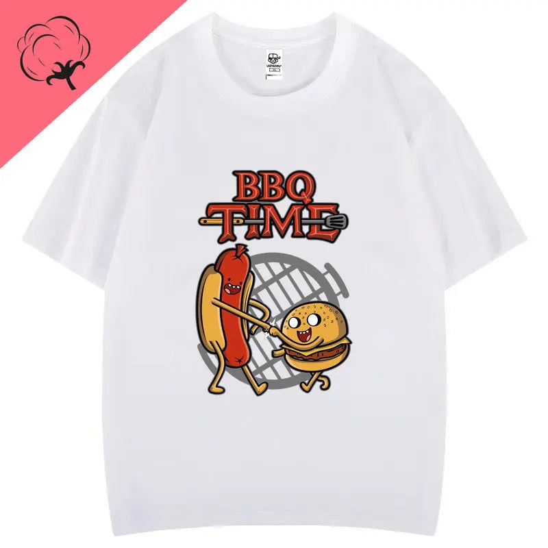 Cute BBQ Time Cartoon Graphic Tshirts Men Women Short Sleeve Casual Cotton Print Tee Humor Creative Street Fashion Hipster Tops