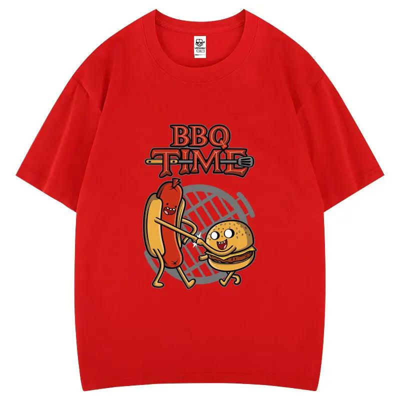 Cute BBQ Time Cartoon Graphic Tshirts Men Women Short Sleeve Casual Cotton Print Tee Humor Creative Street Fashion Hipster Tops